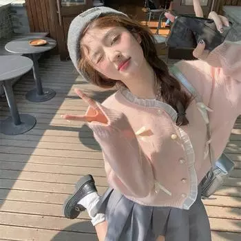 Милый розовый кружевной свитер-кардиган с плетением, женская осень 2024, новый бант, свободный короткий вязаный топ S size [recommended 75-47.5 kg]