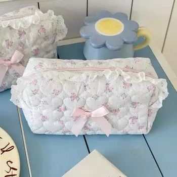 Милый розовый полосатый кружевной косметический чехол Эстетичная косметичка в стиле инс для девочек-подростков Органайзер для косметики Кавайный пенал