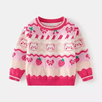 Милый розовый свитер для девочек, осенний детский свитер с клубничным медведем, вязаный свитер 100cm розовый