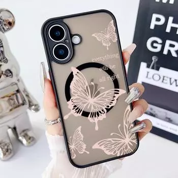 Милый розовый тонкий магнитный чехол с рисунком бабочек для iPhone 16 Pro Max 15 Plus 14 13 Pro 12 11 для MagSafe противоударный мягкий прозрачный матовый чехол для телефона iPhone 16 чёрный