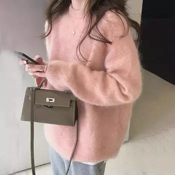 Милый розовый вязаный свитер, осенний круглый вырез, базовый пуловер, свитера, топы, зимняя модная одежда, повседневный мягкий теплый женский свитер с длинным рукавом 25275 One Size розовый