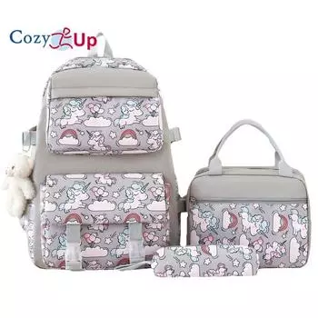 Милый рюкзак для девочек с принтом, изоляционная сумка для обеда, набор из 5 предметов, студенческая школьная сумка большой вместимости с героями мультфильмов 42x31x12cm розовый