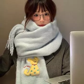 Милый щенок синий шарф женский зимний теплый атмосфера универсальный вязаный шарф шаль 2024 новый синий