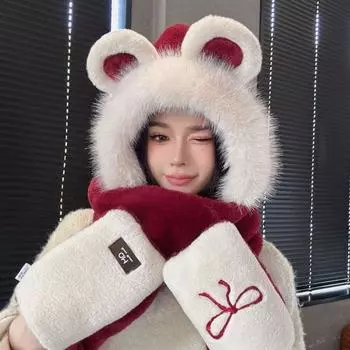 Милый шарф, шапка, перчатка для женщин, мультяшный пушистый шарф, шапка, набор, милые медвежьи ушки, плюшевая шапка для верховой езды чёрный