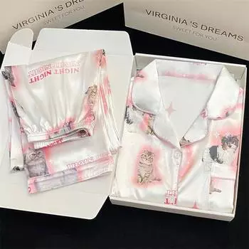 «Милый шелковый пижамный комплект с принтом кота для женщин — летний выпуск» M (80-100 jin)