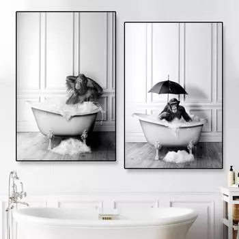Милый шимпанзе в ванной Забавный настенный рисунок на холсте Фото животных Ванная комната Черно-белый туалет Плакат Печать комнаты Домашний декор 21x30cm No Framed