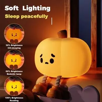 Милый силиконовый ночник в виде тыквы без бисфенола А, сжимаемый, без мерцания, с регулировкой яркости, анти-синий свет, перезаряжаемый