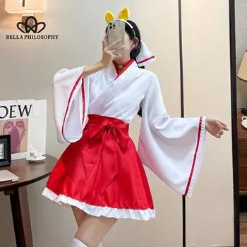 Милый сладкий костюм японского аниме для косплея, кимоно ведьмы, костюм для косплея, платье с длинными рукавами и бантом S красный