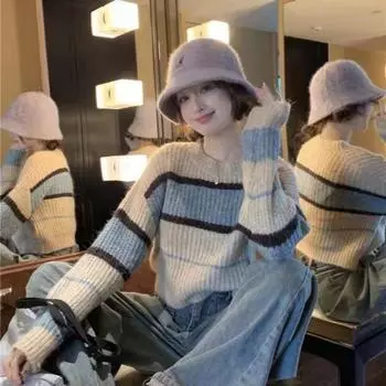 Милый сладкий вязаный свитер с круглым вырезом в полоску, женский зимний свободный свитер контрастного цвета с длинными рукавами, повседневный свитер, женский пуловер One Size чёрный