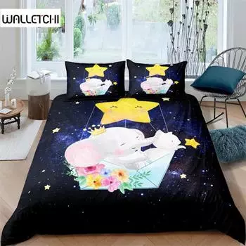 Милый слон, комплект постельного белья из 2/3 предметов с изображением животных из мультфильмов, 3D-цветочное одеяло, двойной двуспальный комплект для мальчиков и девочек, подарок EU single(135x200cm)