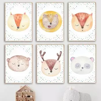 Милый слон, медведь, лиса, олень, белка, настенная живопись на холсте, постеры на скандинавскую тему и принты, настенные панно с животными для декора детской комнаты 21cm30cm NoFrame