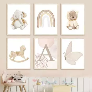 Милый слон, медведь, Радуга, на заказ, имя ребенка, настенная живопись на холсте, постеры и принты, настенные панно, декор для детской спальни A4 21X30cm No Framed