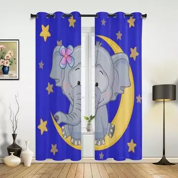 Милый слон сидит на Луне Роскошные оконные занавески для гостиной, спальни, домашнего декора, кухни, оконные шторы 135W x 60H(cm) x1