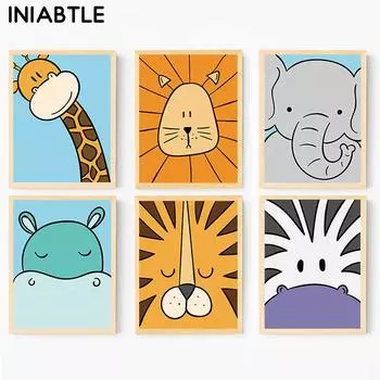 Милый слон Жираф Лев Зебра Бегемот Плакат с животными Детская Настенная картина на холсте Детская картина Скандинавская детская комната Декор 21cm30cm NoFrame