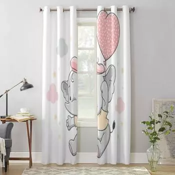 Милый слоненок с розовым воздушным шаром, занавески на окна для гостиной, роскошный декор спальни, шторы, кухонные оконные украшения 135W x 60H(cm) x1