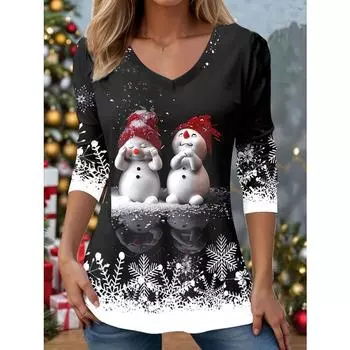 Милый снеговик с V-образным вырезом и длинным рукавом, цветной принт, женские футболки, мягкие, дышащие, удобные, для весны, женские футболки S чёрный