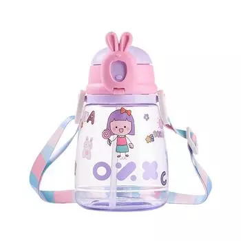 Милый стакан для воды с соломинкой, большая вместимость, портативный пластиковый стакан для улицы, студенческий стакан для космоса, мультяшный рисунок, стакан через плечо 600ml