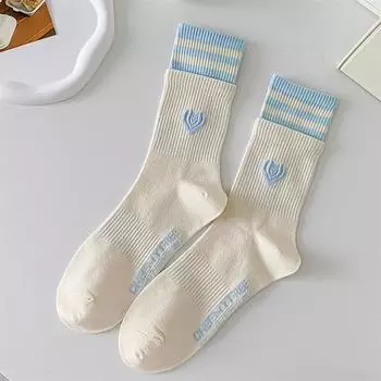 Милый стиль Двойная любовь Носки Макаруновый цвет Вышивка сердечком Любви Хлопковый носок Харадзюку Полосатые носки