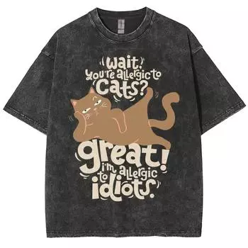 Милый стиль Мультяшный принт кошки Женская футболка Мода Простая Стирка Деним Хлопок Короткий рукав Летняя Удобная Базовая майка S