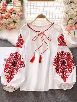 Милый стиль, женские пуловеры, рубашки с вышивкой, лоскутная повязка, v-образный вырез, рукав-фонарик, весна-лето 2024, новая блузка One Size белый