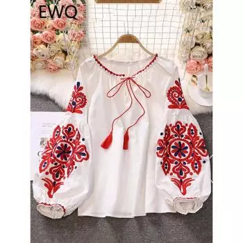 Милый стиль, женские пуловеры, рубашки с вышивкой, лоскутная повязка, v-образный вырез, рукав-фонарик, весна-лето 2024, новая блузка SN0452 S белый