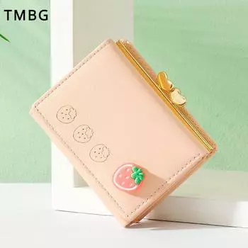 Милый студенческий короткий кошелек в европейском и американском стиле, 3-кратный мультяшный кошелек для монет с клубникой для девочек, высококачественный детский креативный мини-зажим для денег из искусственной кожи розовый