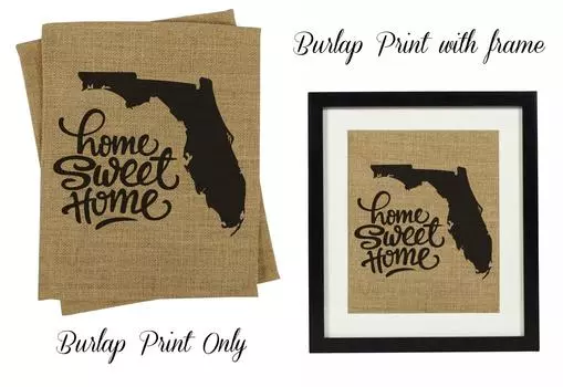 Милый сувенир Home Sweet Home Burlap Print Wall Decor Карта штата Флорида Подарок на новоселье - только Burlap Print Burlap Print Only(8 x 10 Inches) бежевый