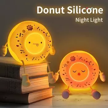 Милый светодиодный ночник в форме пончика с USB-перезаряжаемым силиконовым светильником для поглаживания с 2 режимами регулировки яркости для декора комнаты