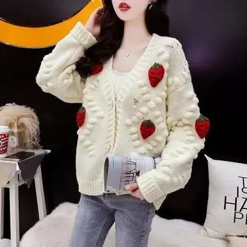 Милый свитер клубничный свободный однобортный вязаный свитер женский корейский модный универсальный кардиган с длинными рукавами