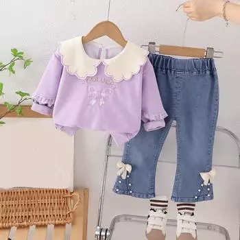 Милый свитер с бантом и длинными рукавами для маленьких девочек, стильный и повседневный костюм из двух частей 120-14 -xxl фиолетовый