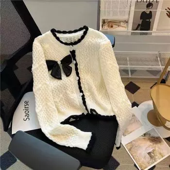 Милый свитер с бантом и v-образным вырезом, контрастный вязаный кардиган, женский 2023, повседневный свитер с длинными рукавами, темпераментный уникальный топ, свитер, кардиган, пальто