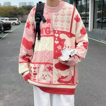 Милый свитер с героями мультфильмов, осень-зима, свободный пуловер, мужской повседневный свитер в стиле хип-хоп, вязаный свитер для пары, лоскутное шитье S чёрный