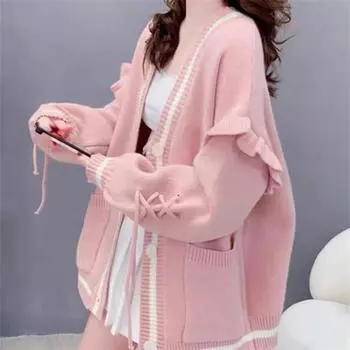 Милый свитер в стиле колледжа, куртка, женская свободная верхняя одежда, осень и зима, новый дизайн, вязаный кардиган, женская одежда one size fits all розовый
