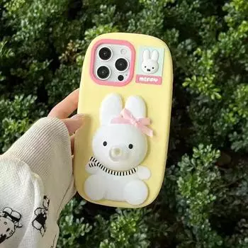 Милый сжимающий уменьшающий давление силиконовый чехол для телефона с кроликом для iPhone 16 15 14 13 Pro Max противоударный чехол iPhone 13 жёлтый