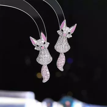 Милый темперамент, милый мультяшный лисенок, серьги-гвоздики, женская индивидуальность, модные серьги, нишевый дизайн, милые стильные серьги розовый цвет-серебро