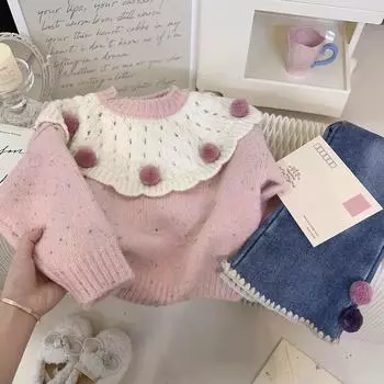 Милый теплый свитер и флисовый комплект джинсов для девочек — с длинными рукавами, уютный комплект из двух предметов для осени и зимы 130