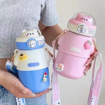 Милый термос с медведем астронавтики, бутылка для воды с соломой для детей, для девочек, портативная школьная чашка из нержавеющей стали с изоляцией, чашка для воды Without 3D Stickers