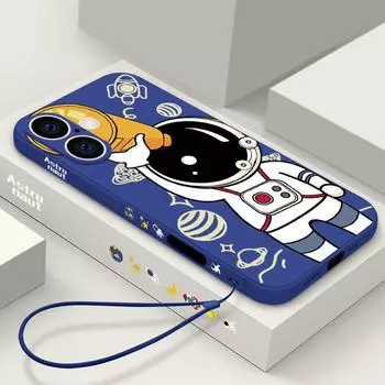 Милый тонкий чехол с рисунком астронавта для iPhone 16 Pro Max 15 14 Pro 13 12 11 XR XS 8 7 Plus TPU шнурок противоударный мягкий силиконовый защитный чехол iPhone 16 чёрный