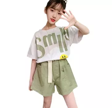 Милый топ из двух частей с короткими рукавами и повседневная летняя одежда в корейском стиле [NOMSOCR] Детская одежда, для девочек, комплект, футболка + шорты, комплект, низ, джерси, зелёный