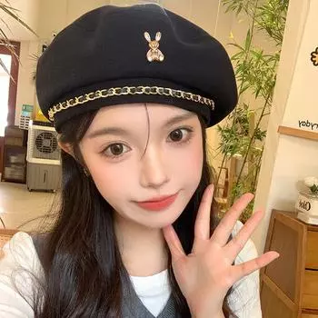 Милый трехмерный кролик шерстяной берет женский весна и осень Интернет знаменитость металлическая цепочка большая окружность головы бутон прилив M56-58cm чёрный
