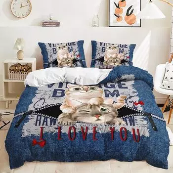 Милый трехпредметный пододеяльник для кошки, комплект постельного белья из двух предметов с животными 135 * 200 (two-piece set) 90g