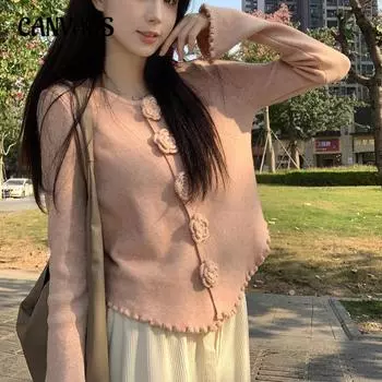 Милый трикотаж больших размеров, женская блузка весной и осенью, трехмерные цветы, потайная пуговица, расклешенный рукав, топ с длинными рукавами L розовый