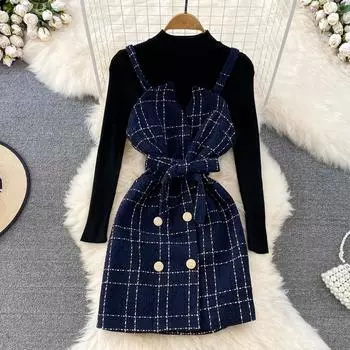 Милый твидовый комплект в клетку из двух предметов, женский осенне-зимний базовый свитер и мини-короткие платья на бретельках, костюмы XXL синий