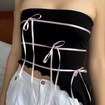 Милый укороченный топ с бантом и повязкой, симпатичный асимметричный повседневный топ без бретелек, винтажный жилет Harajuku для женщин, летняя футболка Y2k для женщин S чёрный