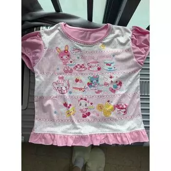 Милый укороченный топ с мультяшным принтом в стиле Харадзюку, женская футболка контрастного цвета Y2k, эстетичная тонкая футболка с рюшами, винтажная сказочная японская футболка S розовый