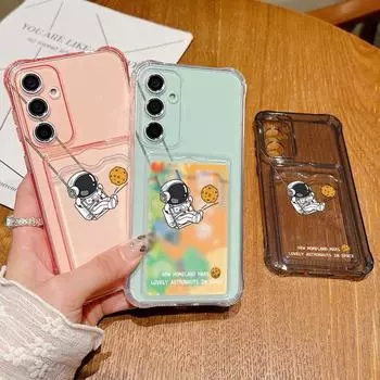 Милый узор астронавта силиконовый чехол с отделением для карт для Samsung S24 FE S23 Ultra S22 A55 A16 A35 A54 A34 A15 A14 прозрачный тонкий противоударный мягкий чехол для телефона Samsung S24 серый