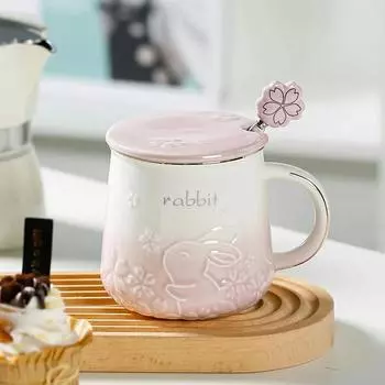 Милый узор кролика кружка с цветущей вишней домашняя офисная керамическая кофейная чашка чашка для завтрака молочная кружка кофейные чашки 450