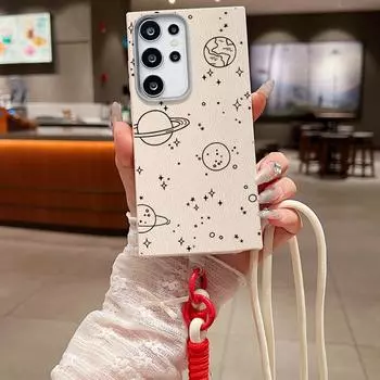 Милый узор планеты астронавта противоударный чехол для Samsung S25 Ultra S24 FE S23 S22 S21 A16 A56 A55 A36 Crossbody Rope мягкий матовый тонкий чехол для телефона TPU Samsung S25 чёрный