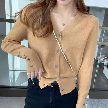Милый V-образный вырез вязаный кардиган куртка женская мода женская одежда осень зима тонкий свободный кардиган топ Sueter Mujer 31075 One Size чёрный