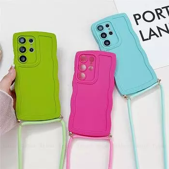 Милый вьющийся волнистый ожерелье через плечо, шнурок, веревка, силиконовый чехол для Samsung S23 S22 Ultra S21 S20 FE A14 A34 A54 A24 A13 A23 A33 A53 A12 A32 A52 iphone 7 8 розовый